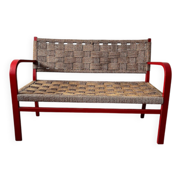 Vintage bench in red wood and rope