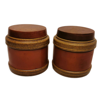 Old Tobacco jars made of ceramic and with leather "ring" completed with screw cap of teak wood