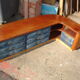 Corner base cabinet in solid Pao Rosa wood with 8 drawers and blue Alcantara lining