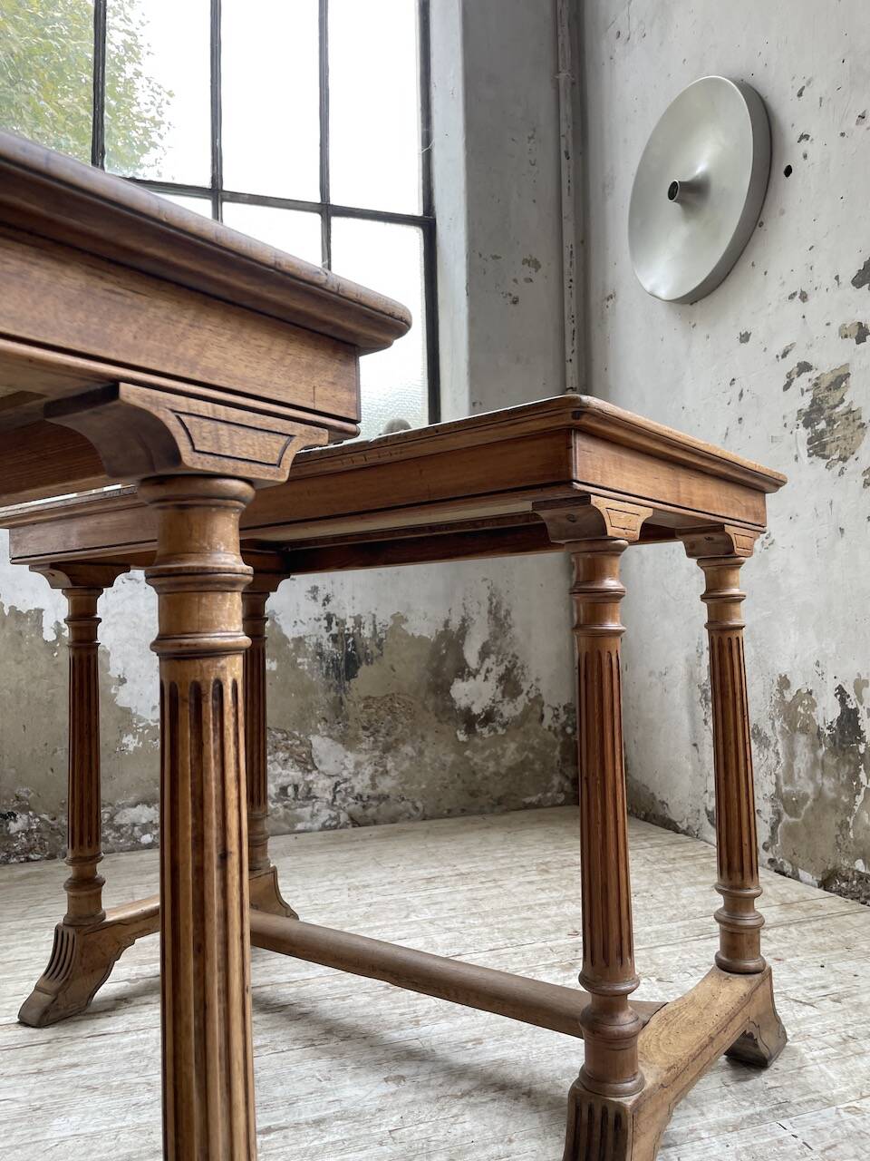 Set of two bistro tables in walnut and tiling from 1890.