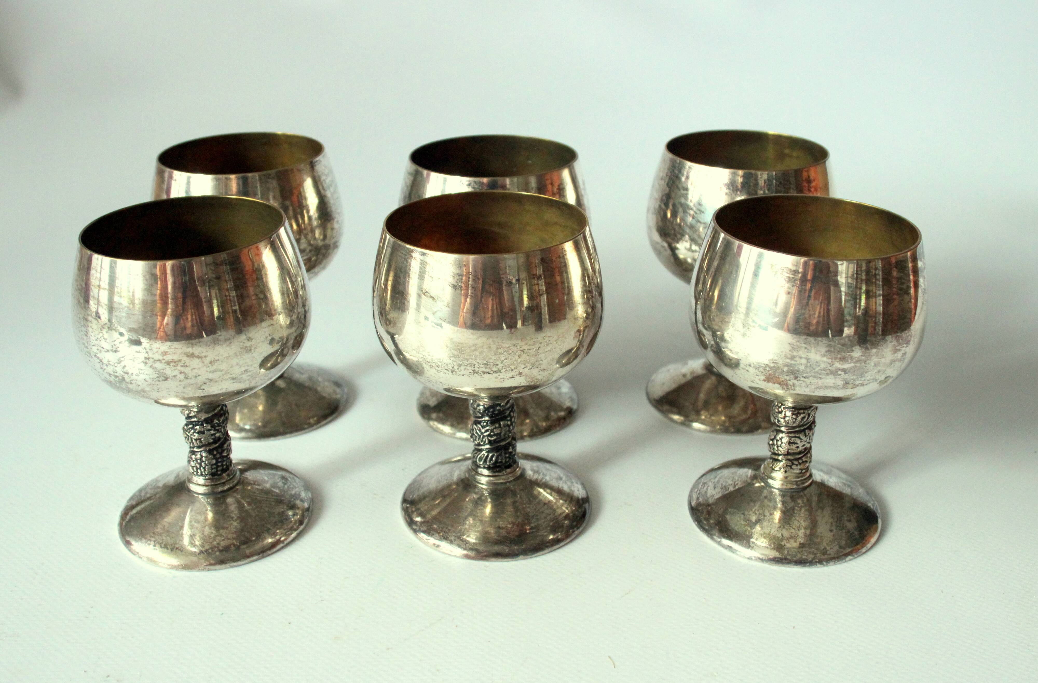 6 Art Deco wine or sherry glasses made of electro silver plated brass