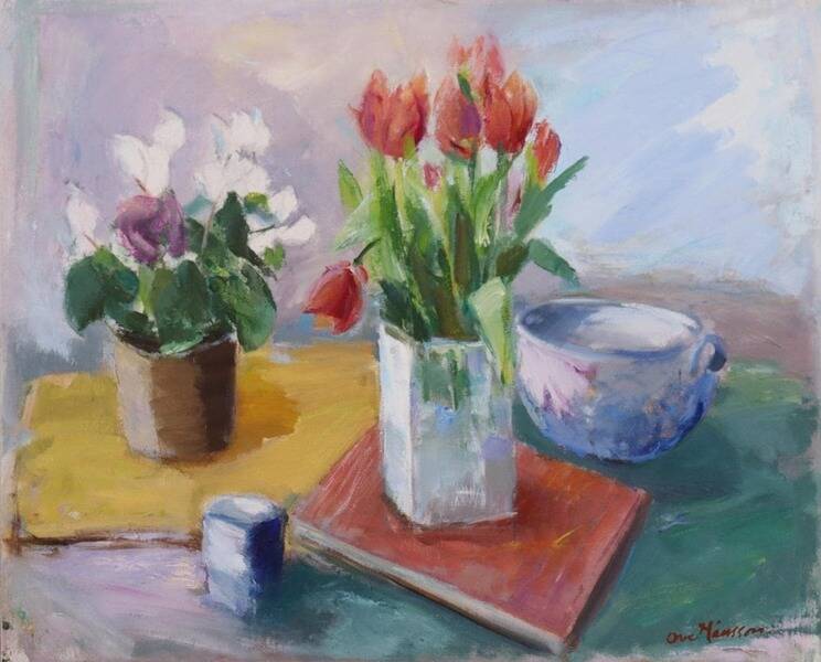 Huile sur toile suédoise d'époque mi-siècle – « Nature morte avec des tulipes » par Ove Månsson – vintage et encadrée – 51 × 62 cm (20,1" × 24,4")