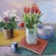 Huile sur toile suédoise d'époque mi-siècle – « Nature morte avec des tulipes » par Ove Månsson – vintage et encadrée – 51 × 62 cm (20,1" × 24,4")