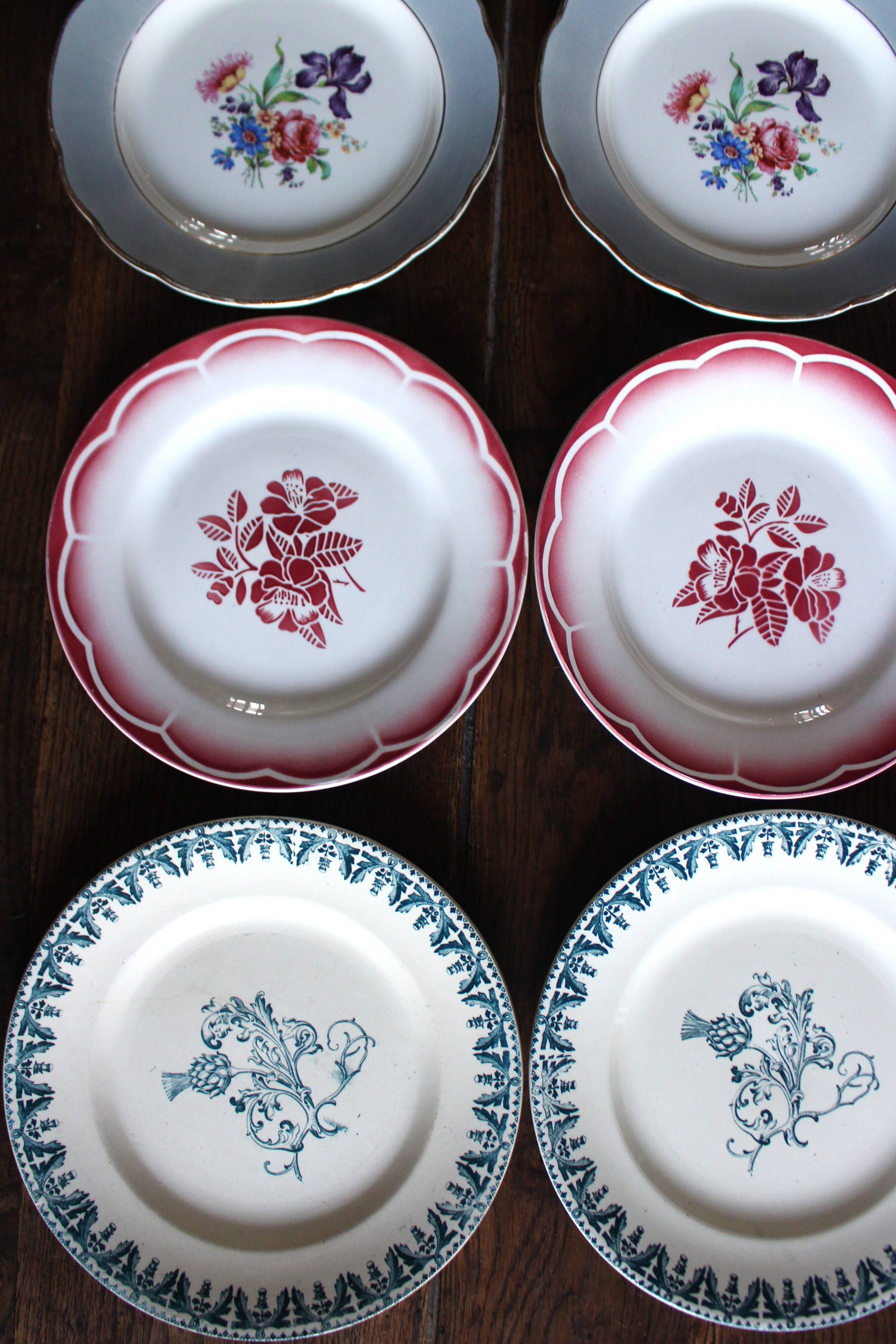 6 mismatched flat plates pairs Terre de Fer Marsac Flowers Digoin