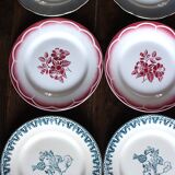 6 mismatched flat plates pairs Terre de Fer Marsac Flowers Digoin