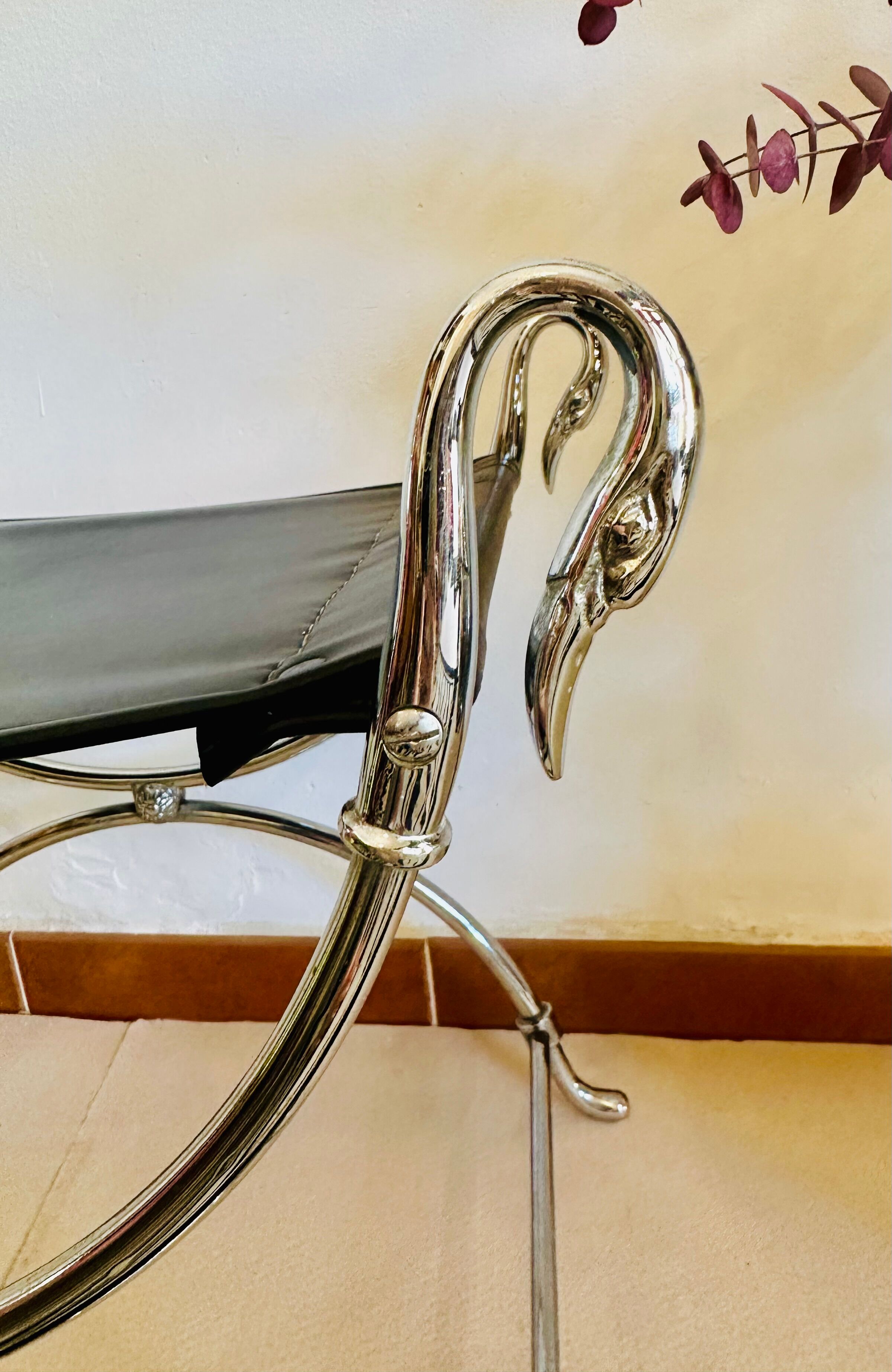 Curule Stool Maison Jansen in Chrome Steel and Black Leather