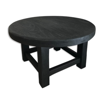 Round coffee table with burnt wood finish, shou-sugi-ban