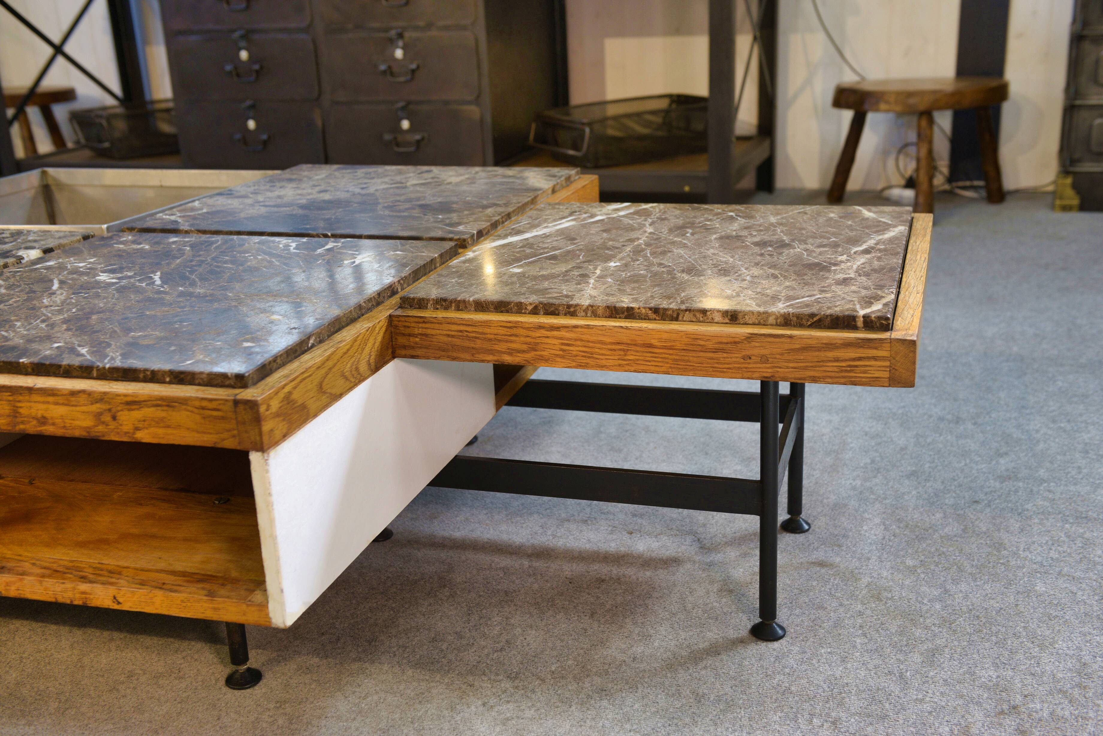 Coffee table with steel base and oak and grey marble frame, 1970s