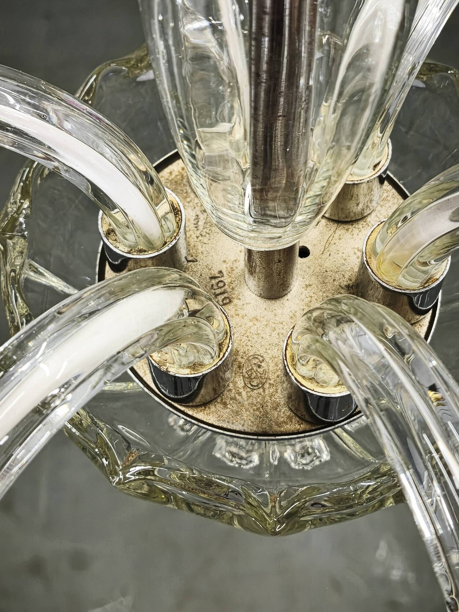 Art Deco Six-Arm Glass Chandelier, Czechoslovakia, 1930s