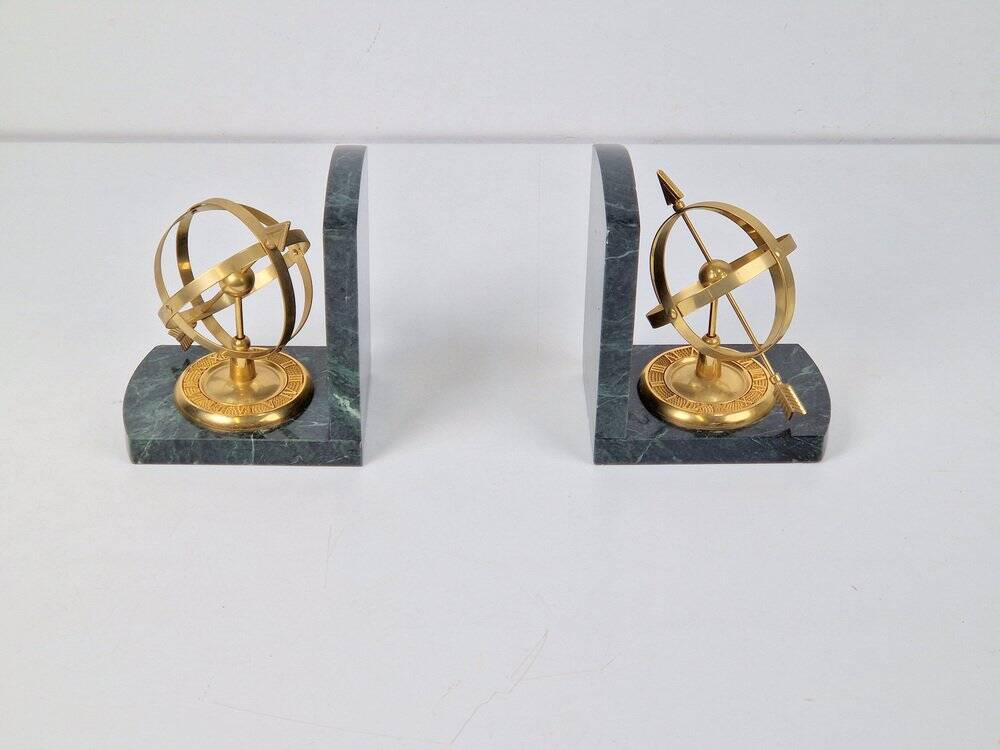 Nautical Brass & Marble Sundial Bookends, Set of 2