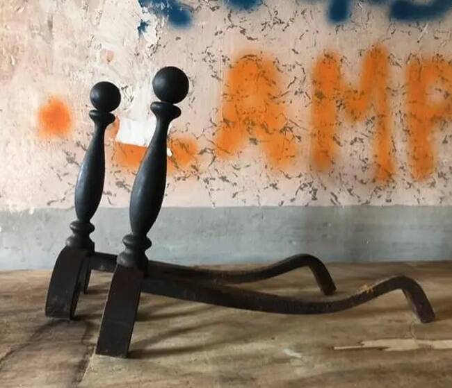 Vintage andirons, pair of andirons, fireplace accessory, cast iron brass andirons
