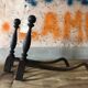 Vintage andirons, pair of andirons, fireplace accessory, cast iron brass andirons