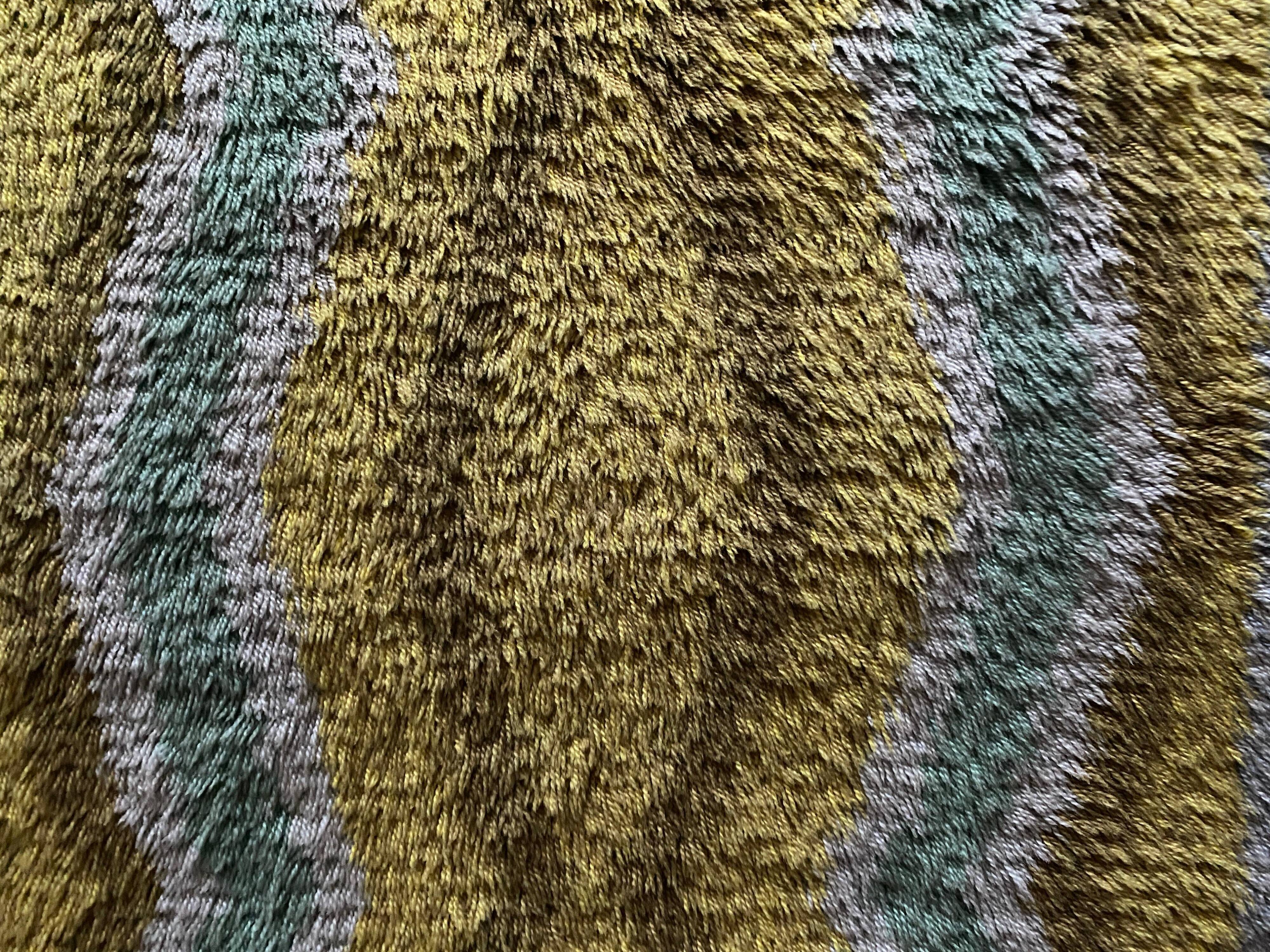 Mid-century Modern High Pile, Yellow, Aquamarine & Grey Rya Rug, Sweden, 1960s