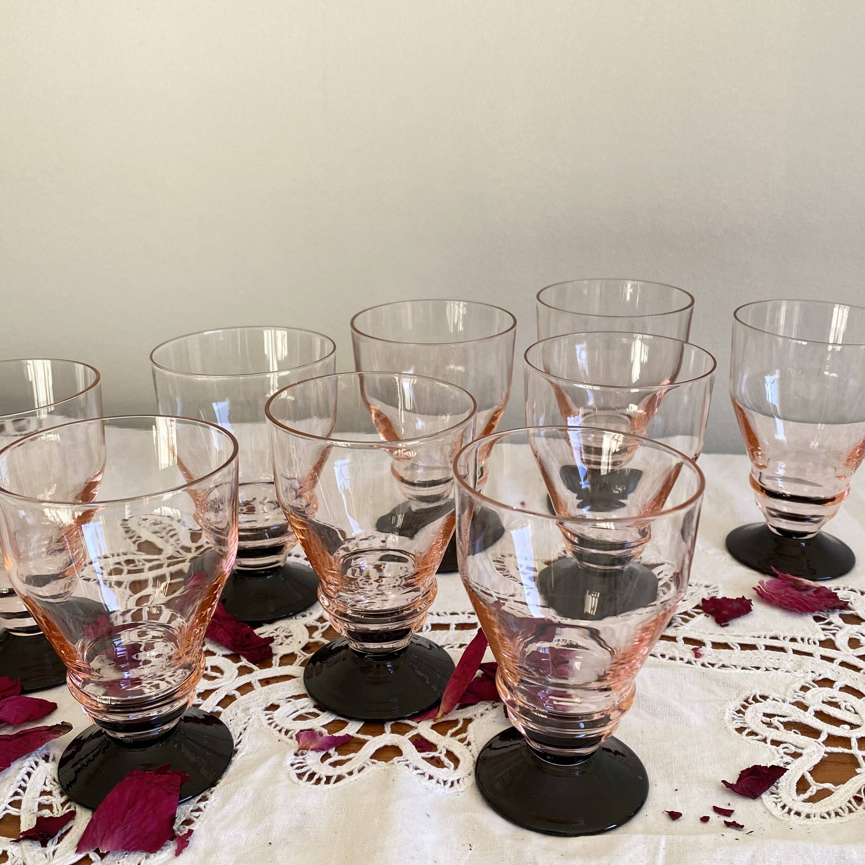 9 pink art deco wine or water glasses with black stem