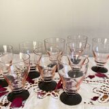 9 pink art deco wine or water glasses with black stem