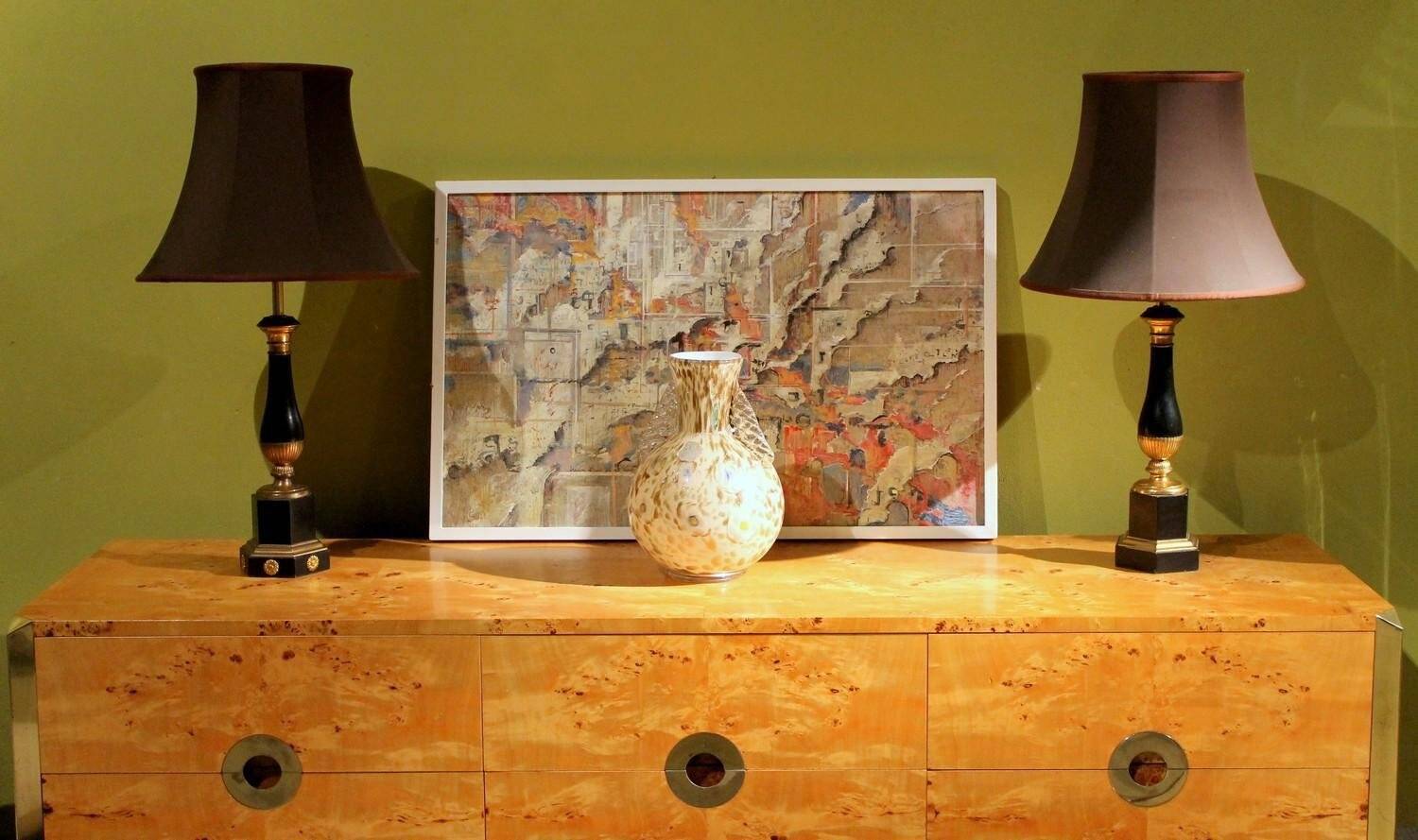 20th Century French Black Enamel Tole and Gilt Bronze Table Lamps with Silk Shade, Set of 2