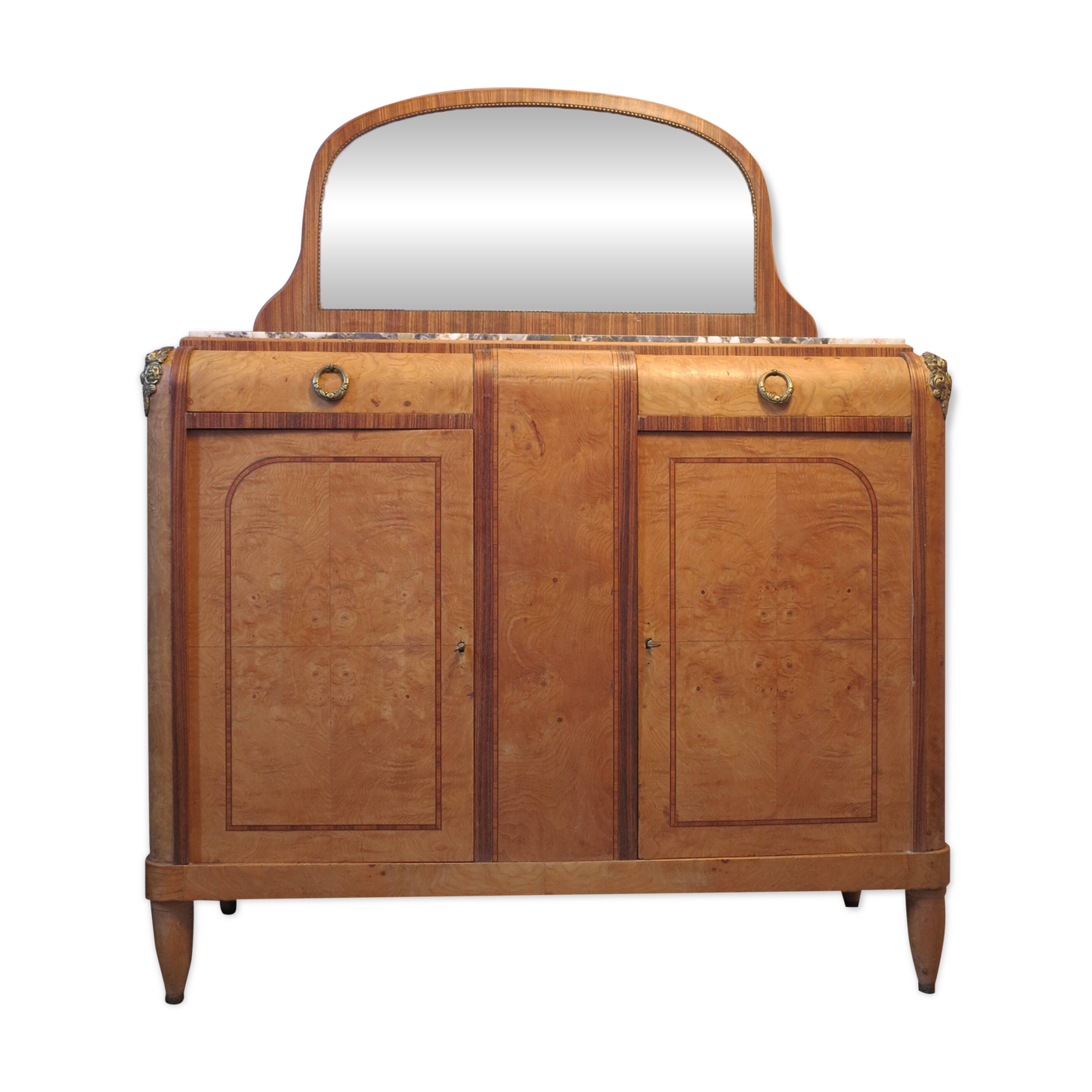 1925 sideboard with two doors, two drawers and beveled mirror, marble top