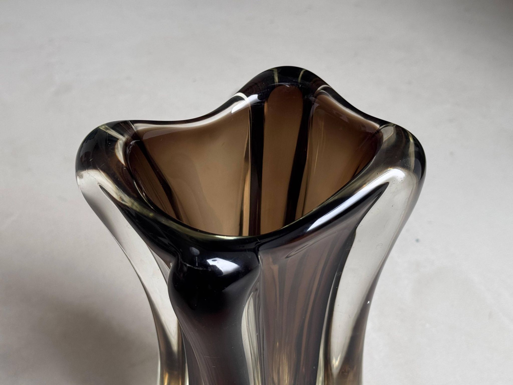 Vintage Murano-Style Art Glass Sommerso Handkerchief Vase, Amber & Clear