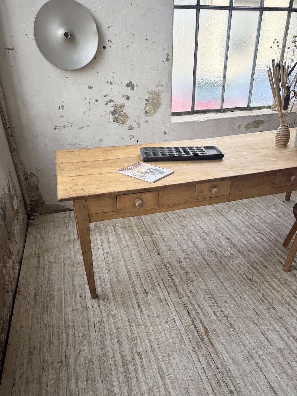 Pine and oak farmhouse table with multiple drawers, communal type, 240cm.