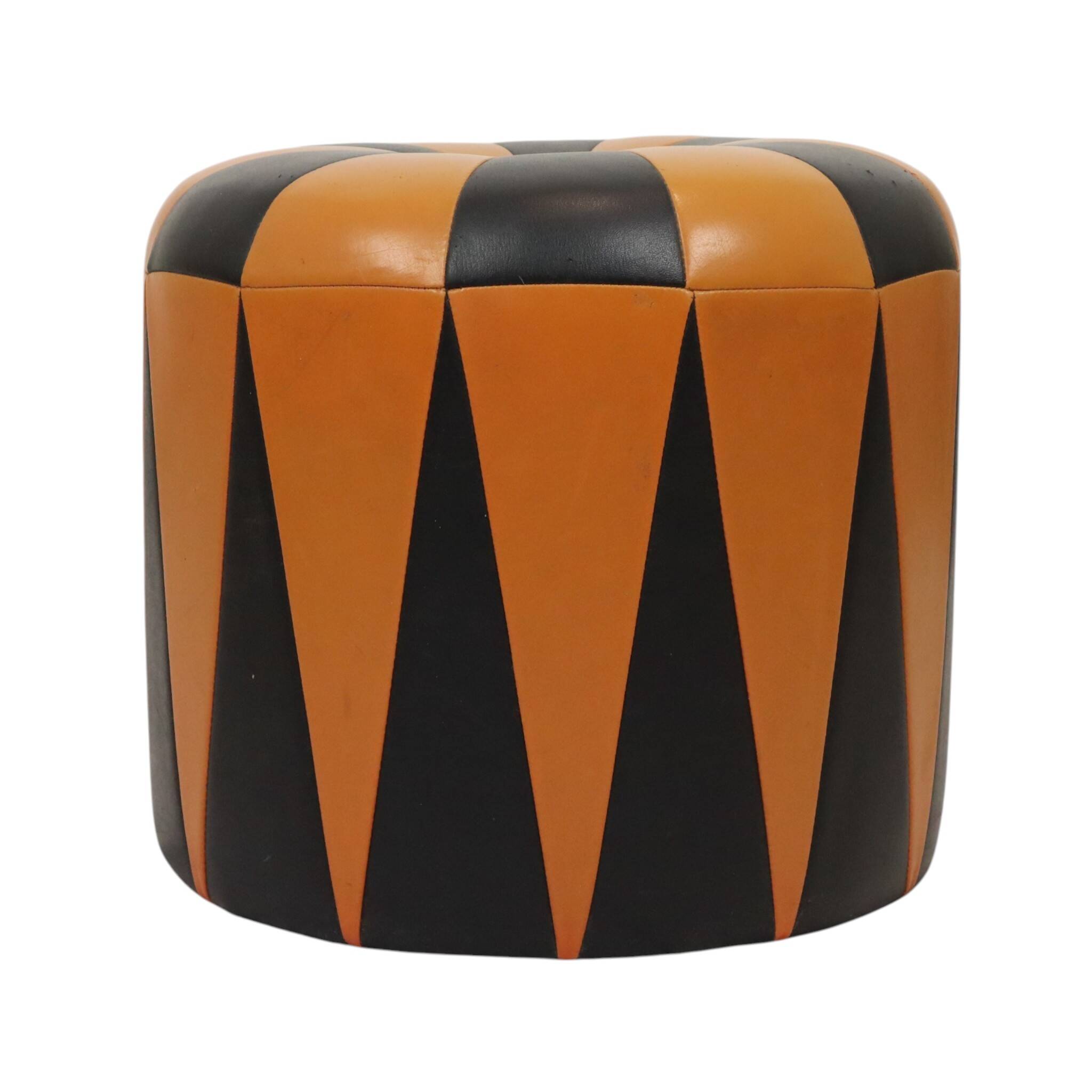 Round Vintage Pouf, Orange and Black Faux Leather (Skai), 1960s