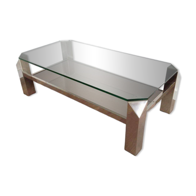 Table basse design octogonale chromée à plateaux de verre et miroir