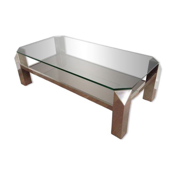Table basse design octogonale chromée à plateaux de verre et miroir