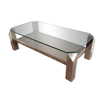 Chrome octagonal designer coffee table with glass and mirror tops