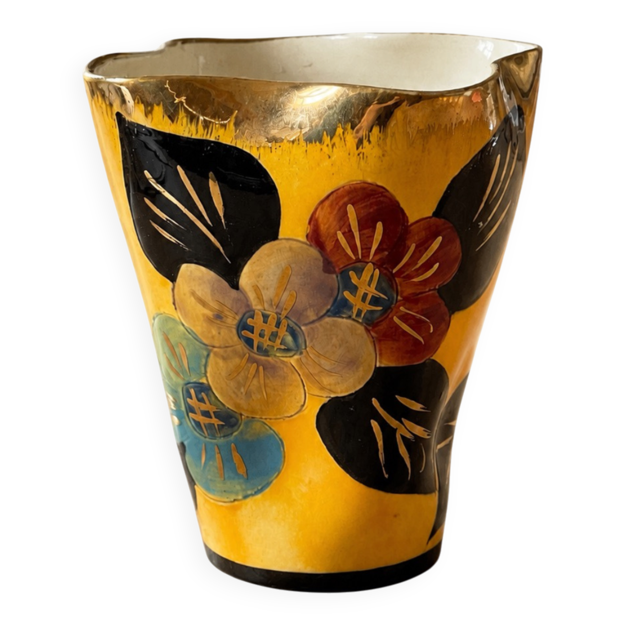Petit vase Vallauris céramique émaillée, décor floral coloré.