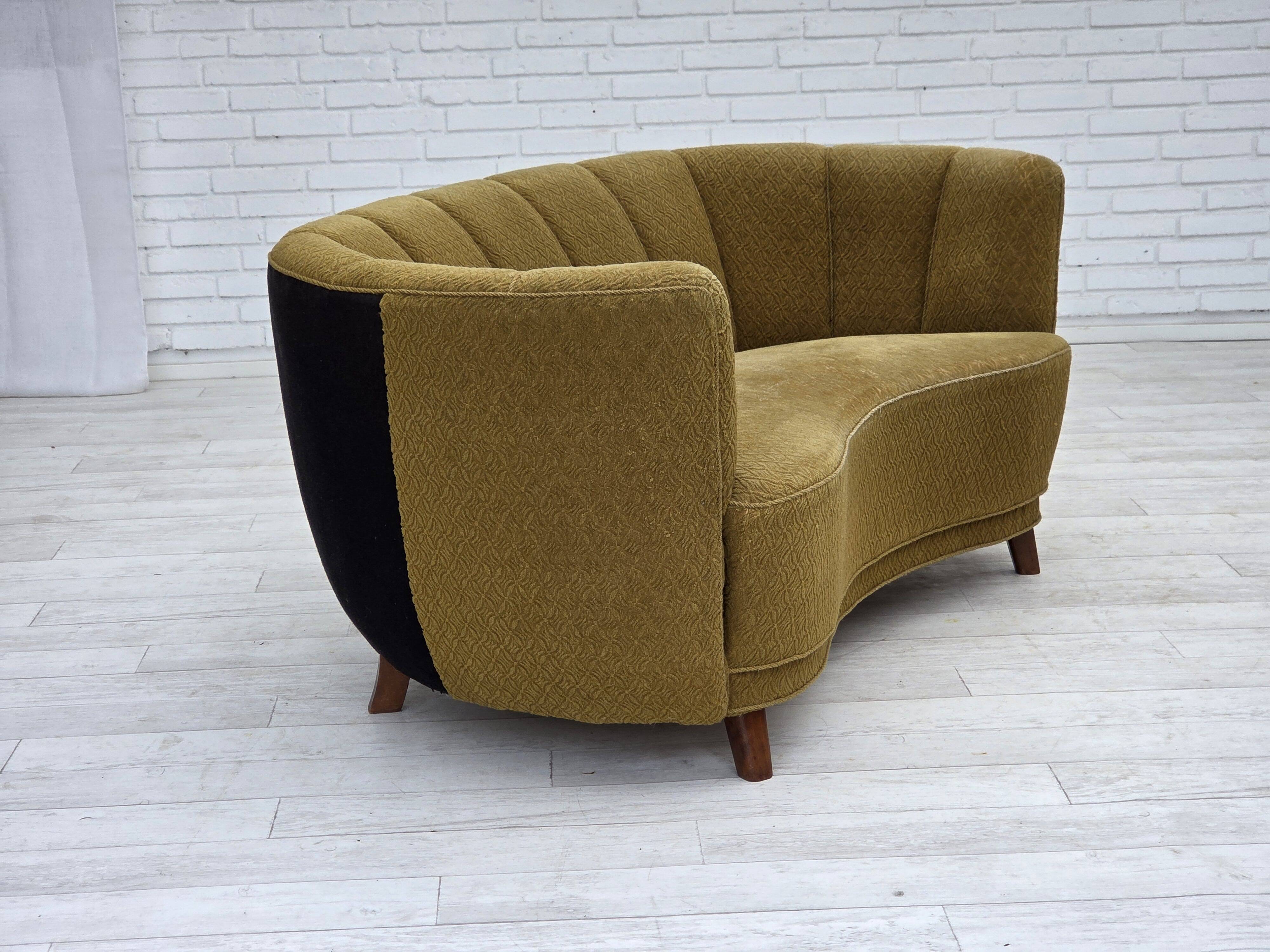 1960s, Danish 2-seater "Banan" sofa, green furniture wool, ash wood.