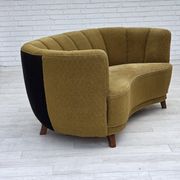 1960s, Danish 2-seater "Banan" sofa, green furniture wool, ash wood.