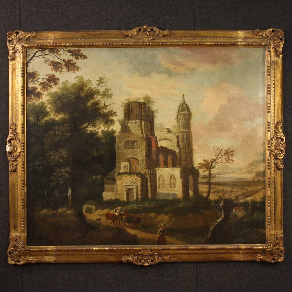 Antique French Oil On Canvas Landscape Painting From The 18th Century