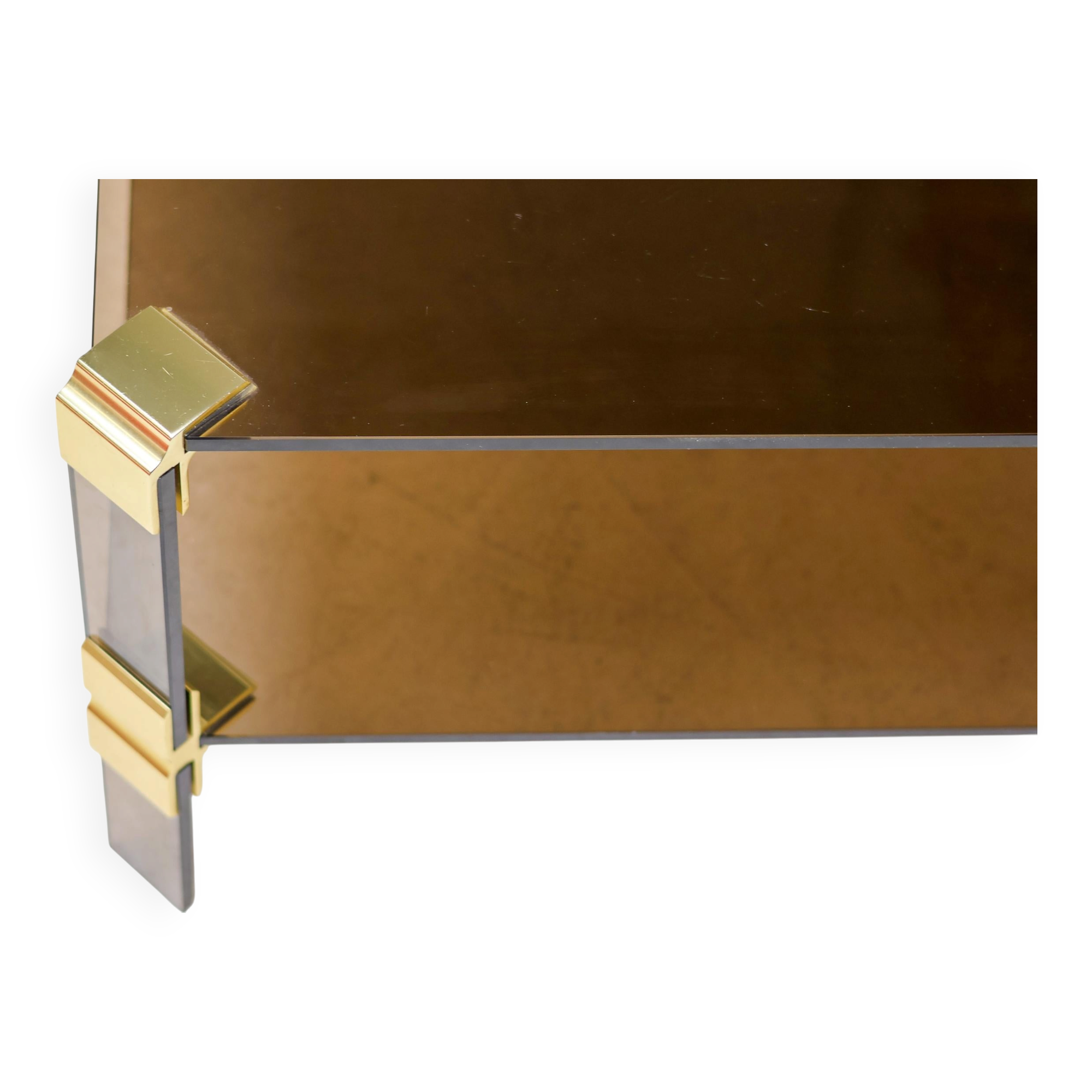 Hollywood Regency coffee table in brass and smoked glass, chic two-tier coffee table.