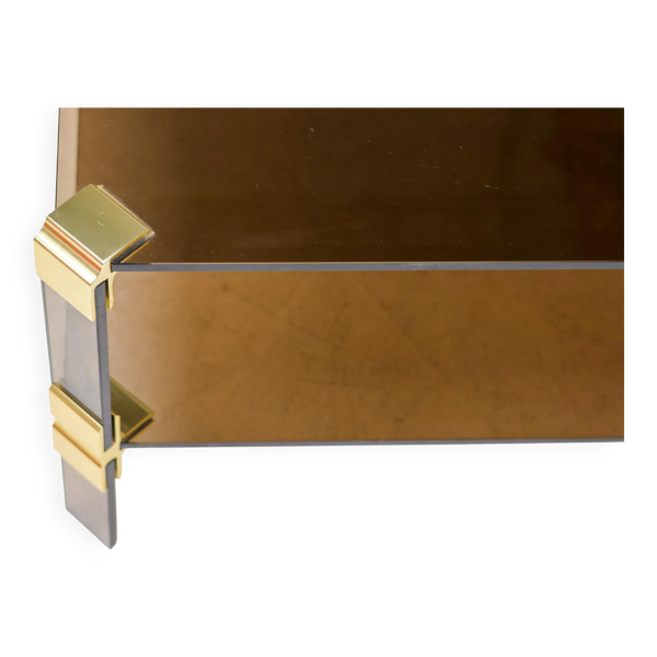 Table basse Hollywood Regency en laiton et verre fumé table basse chique à deux niveaux