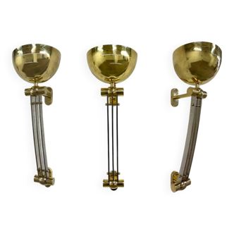 Set of 3 large wall sconces, hall lights, custom-made, brass, partially chrome-plated, Art Deco style, France, 1950s