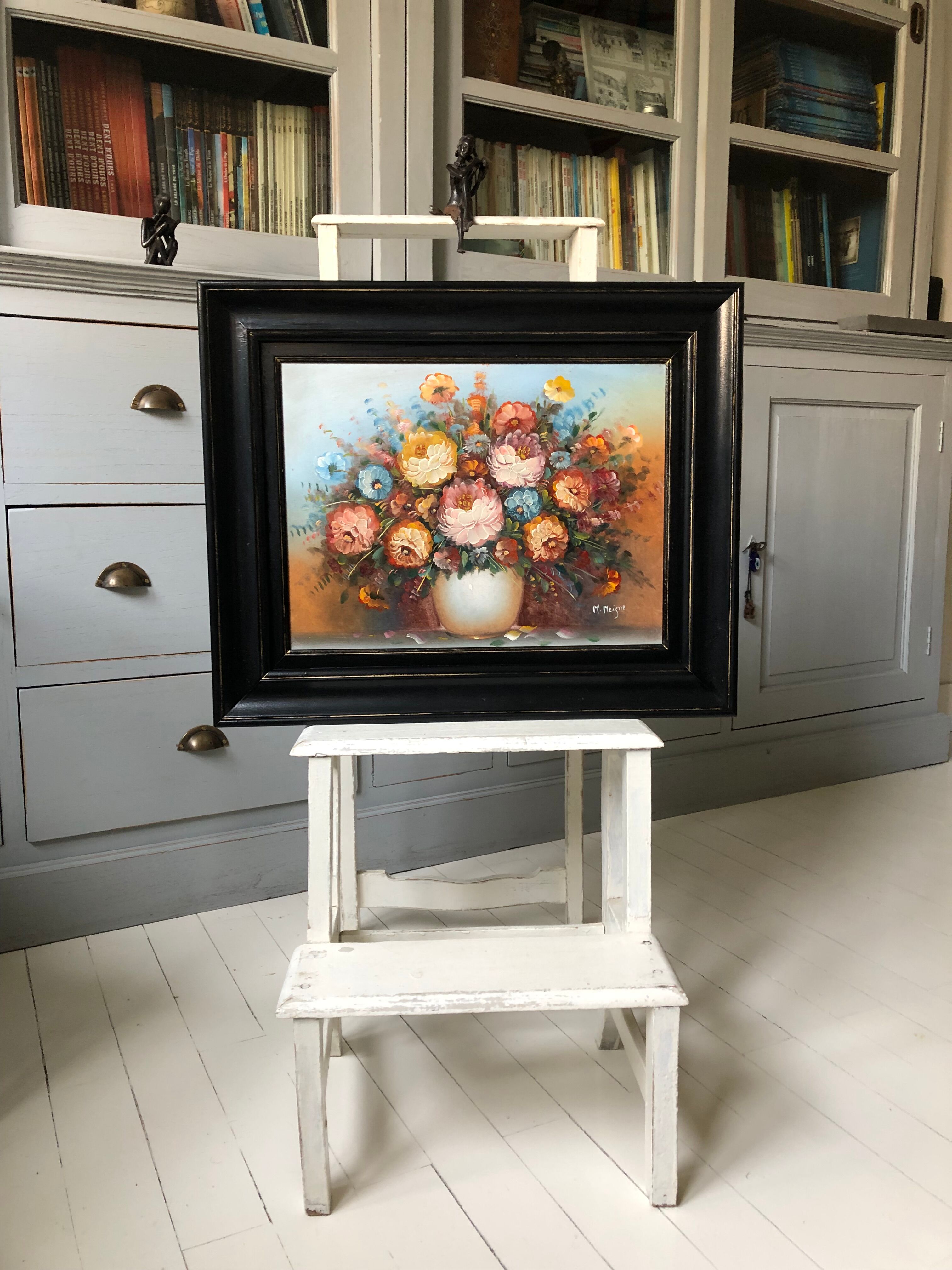 Tableau, peinture à l'huile, nature morte, bouquet de fleurs, signé "M.Meigne"