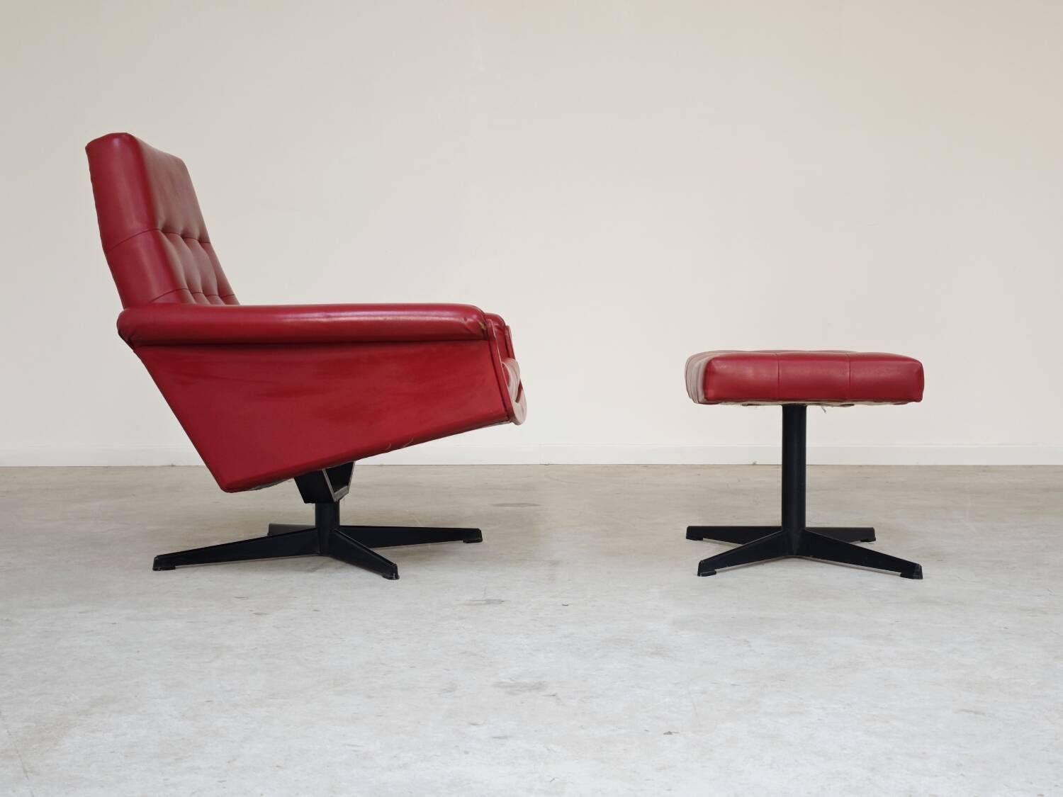 Red Faux Leather Swivel Chair and Footrest by Up Zavody 1970