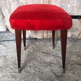 Ancien Tabouret Moumoute Rouge + Pieds Compas Bois Vintage