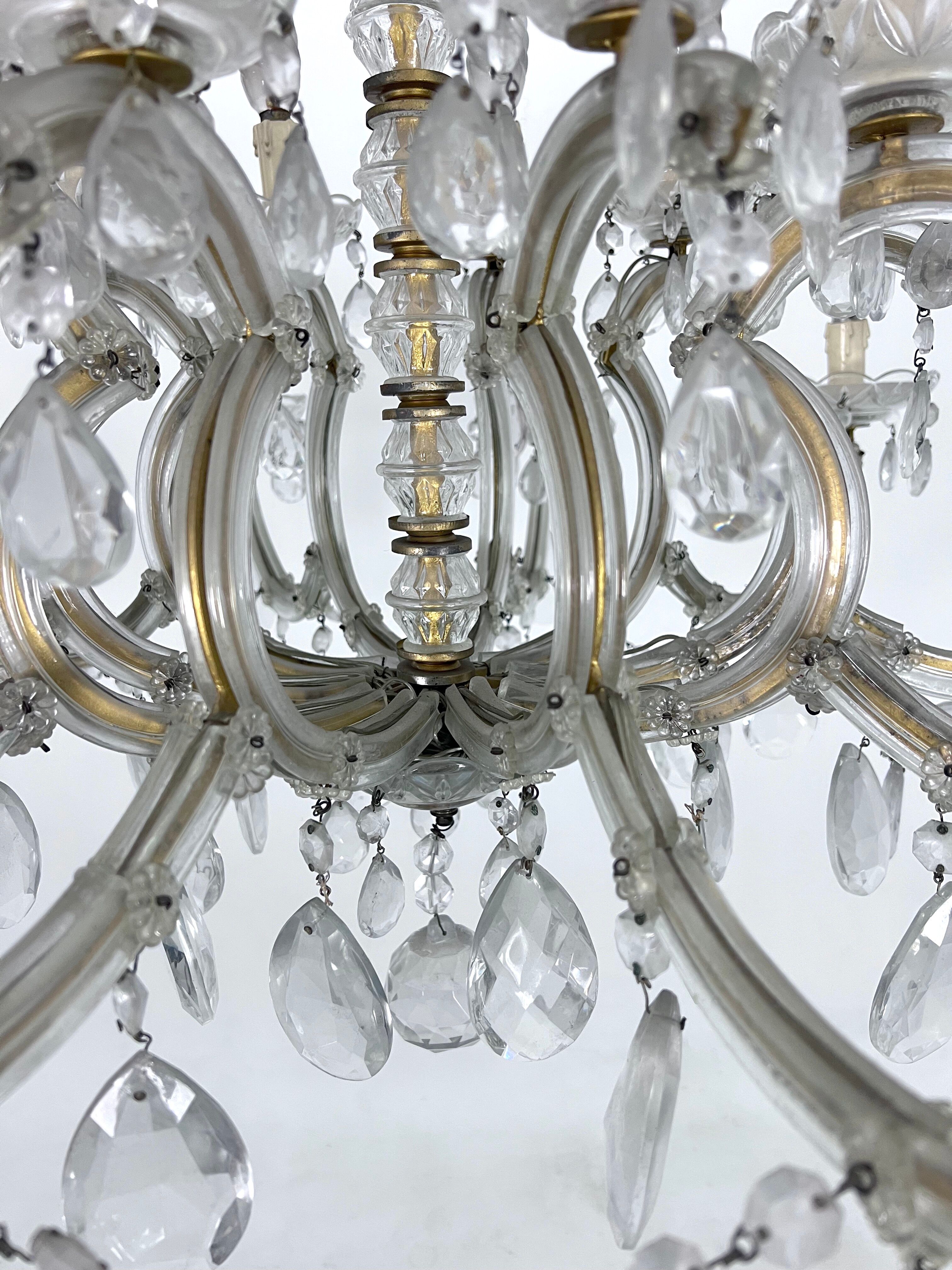 Mid-Century Maria Teresa crystal and brass large chandelier. Italy 1940s