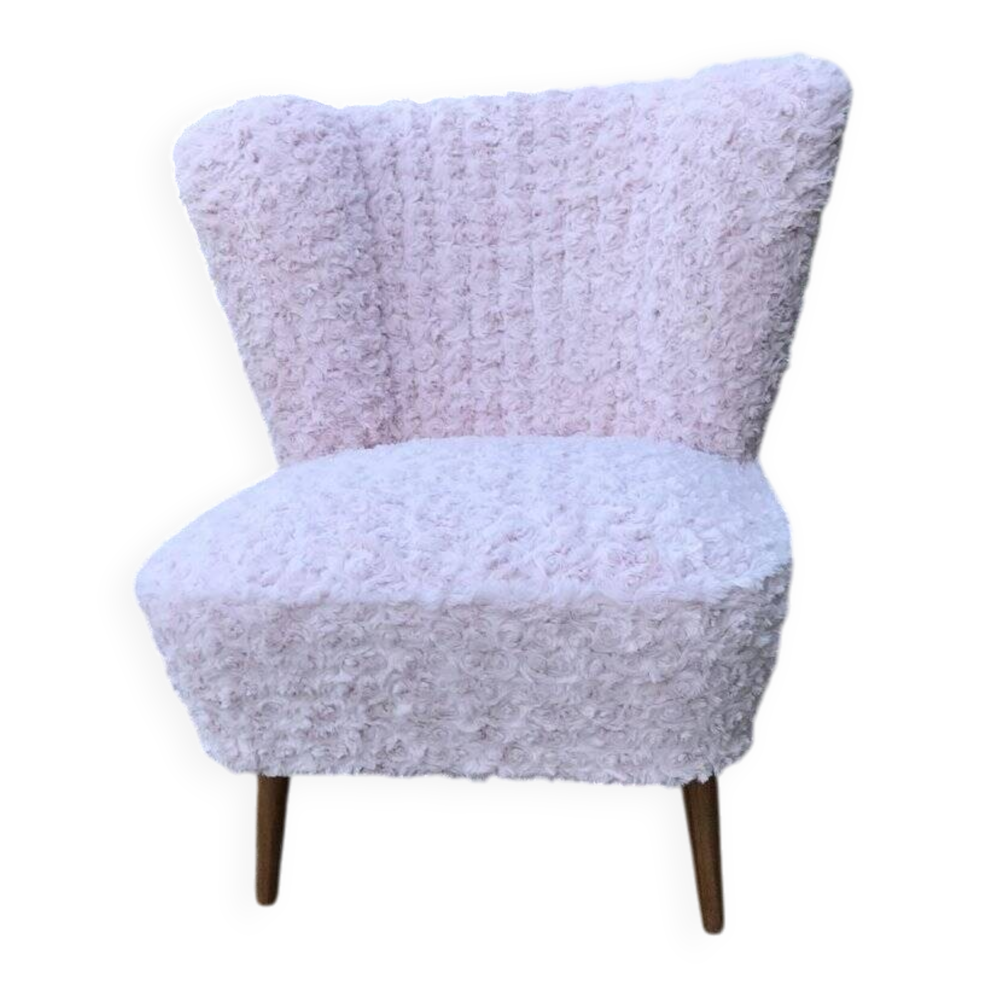 Mid-century cocktail chair in pink faux fur, solid beech legs, vintage style.