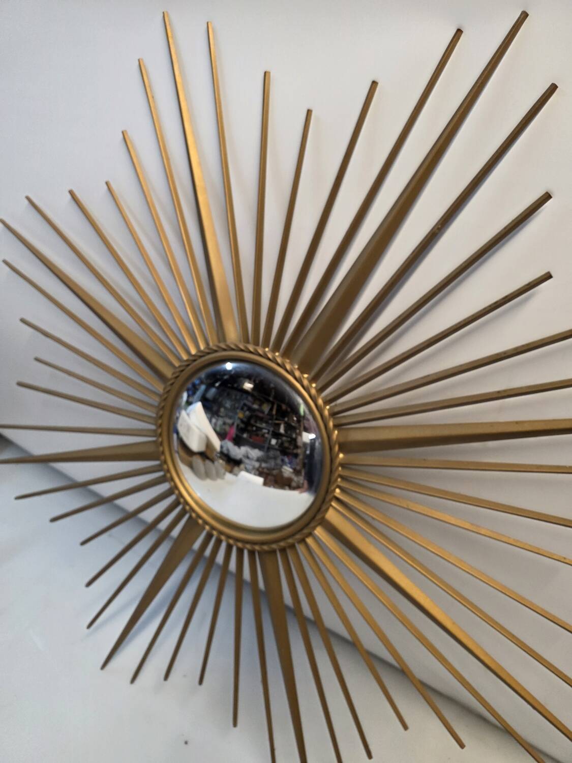 Golden metal witch's eye sun mirror from the 70s, 86cm.
