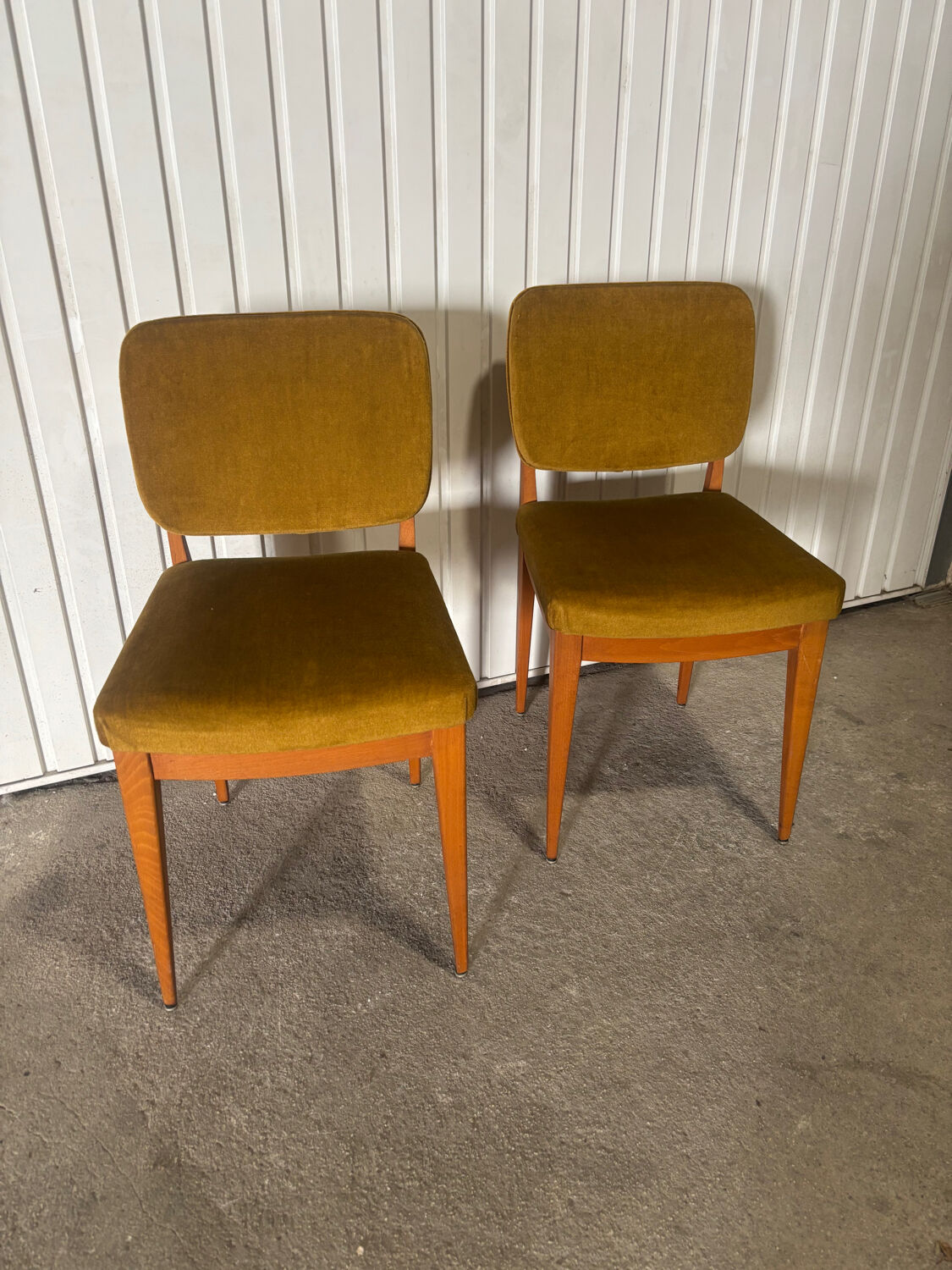Pair of vintage 60s chairs – mustard velvet and splayed legs