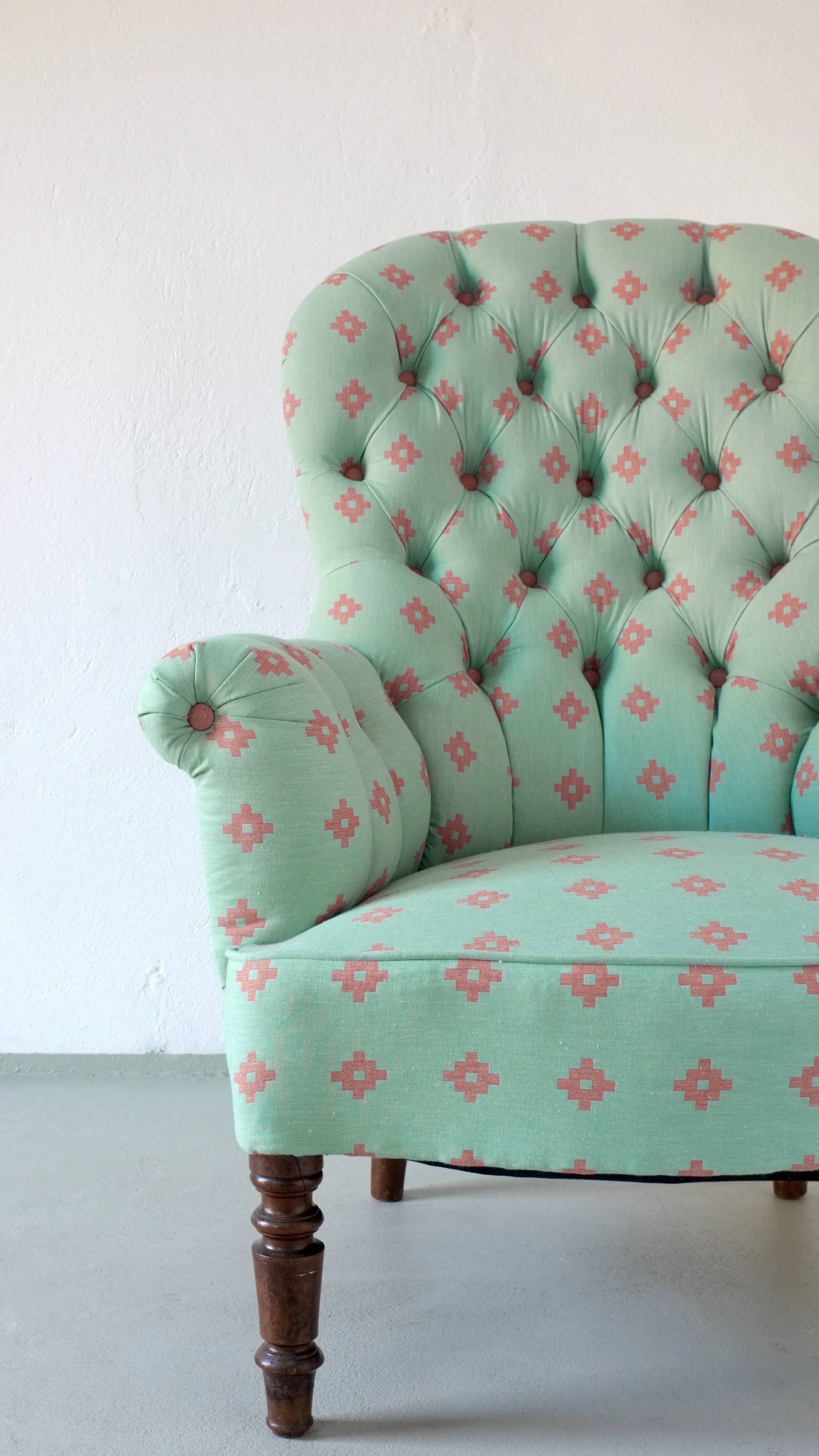 Vintage green coral button back armchair | Belgium