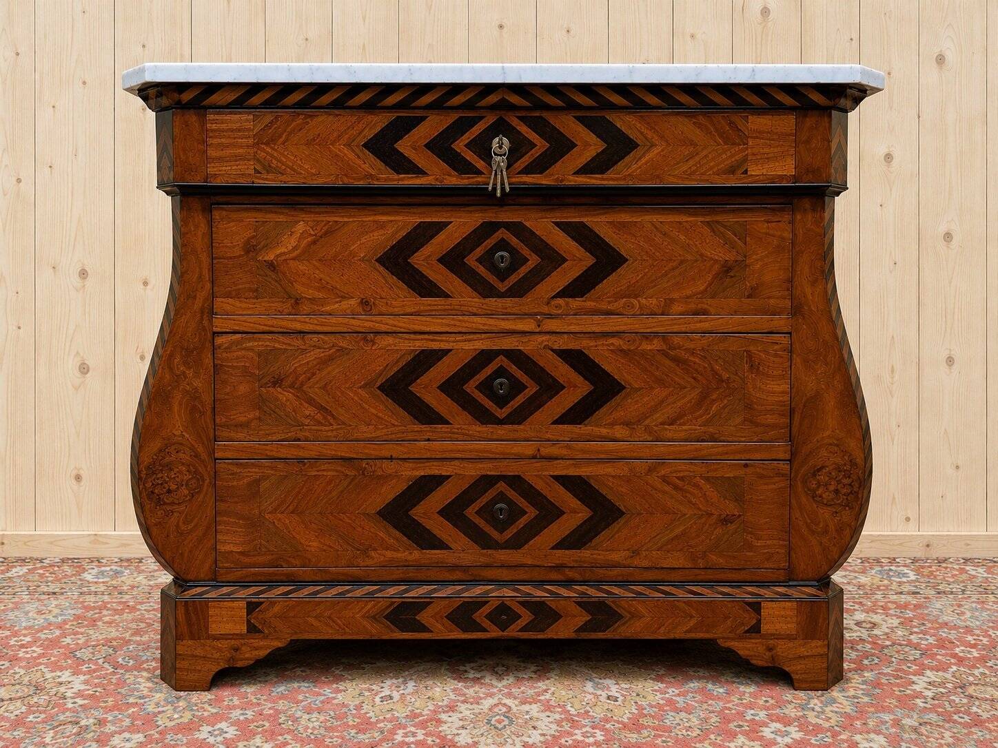Swiss style marquetry commode – Carrara marble top