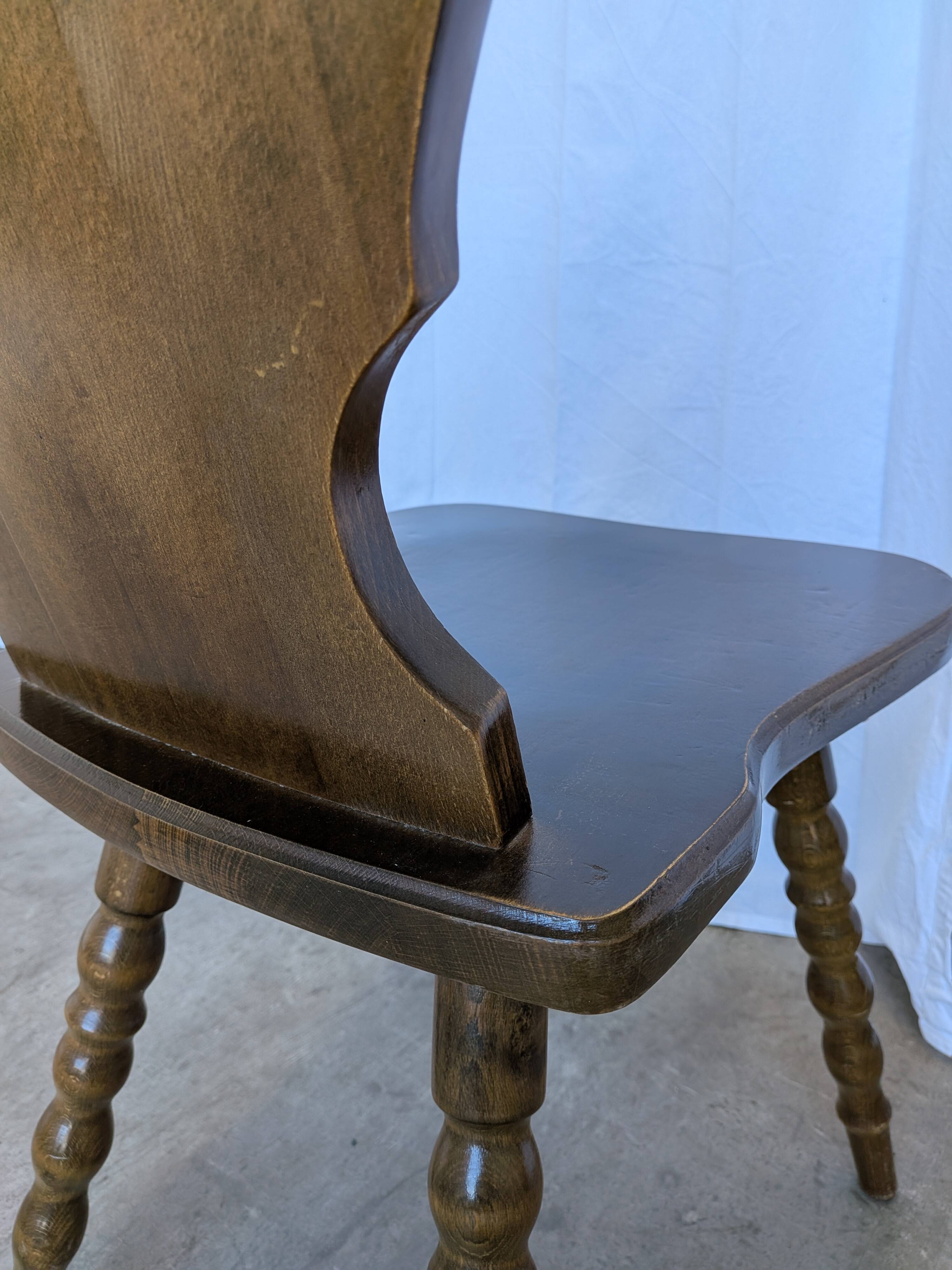 Vintage Tyrolean Heart Cutout Wooden Dining Chair / Bobbin-turned Legs