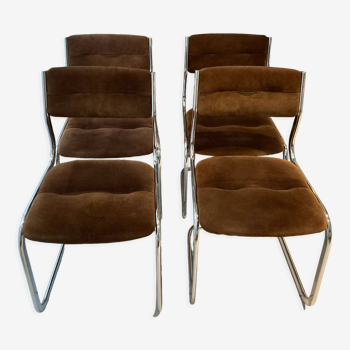 Set of 4 chairs chrome and suede 70s