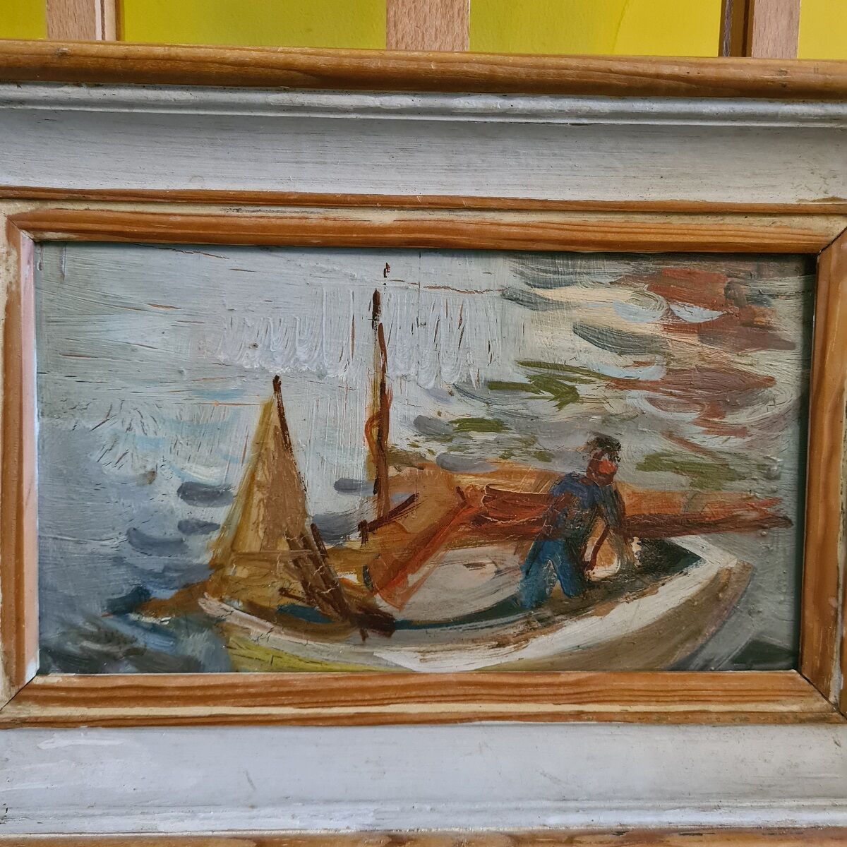 Old Painting Fisherman In Boat. 1st half 20th century