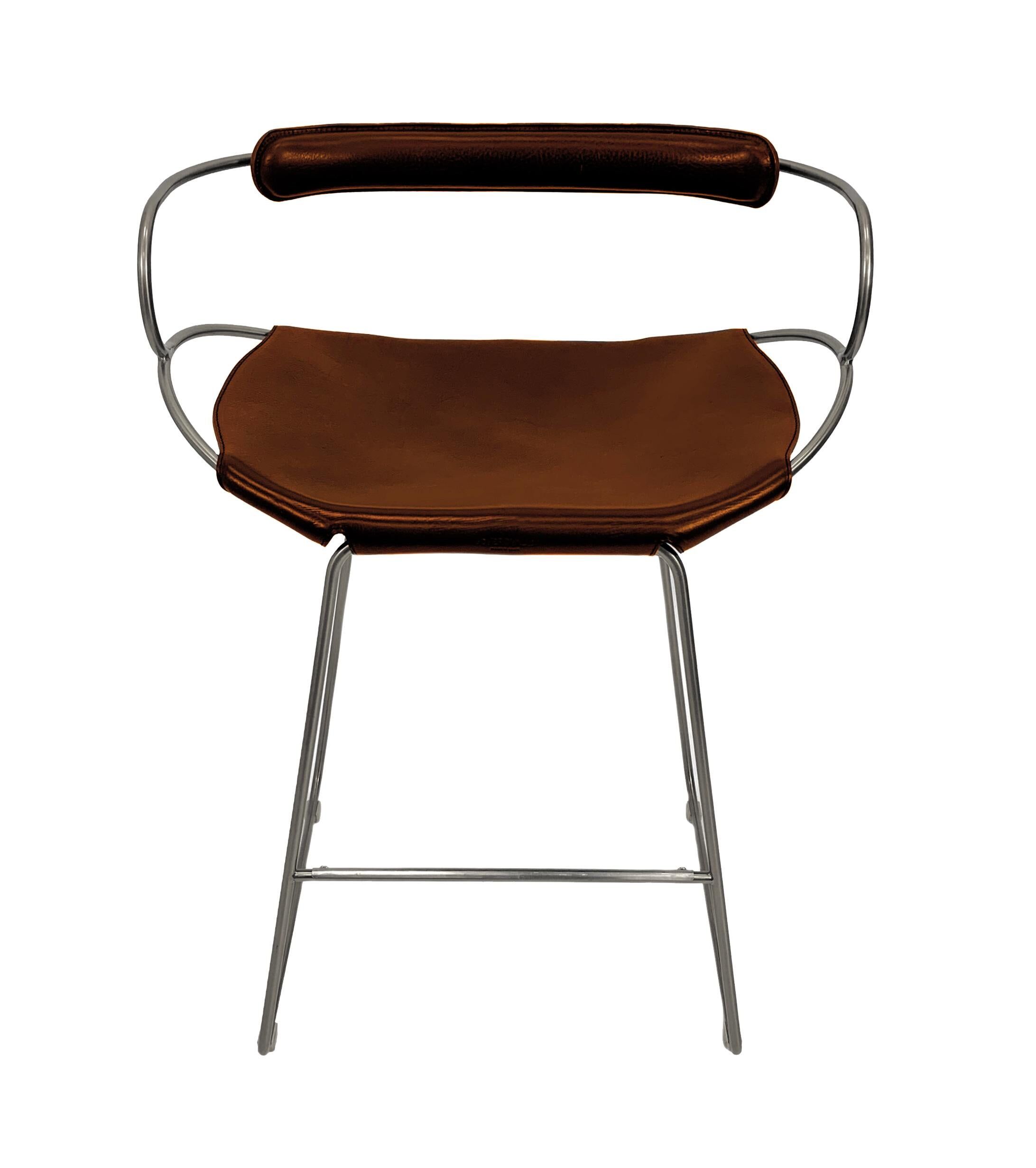 Contemporary sculptural bar stool c. Silvered Aged Steel Backrest and Cognac Leather