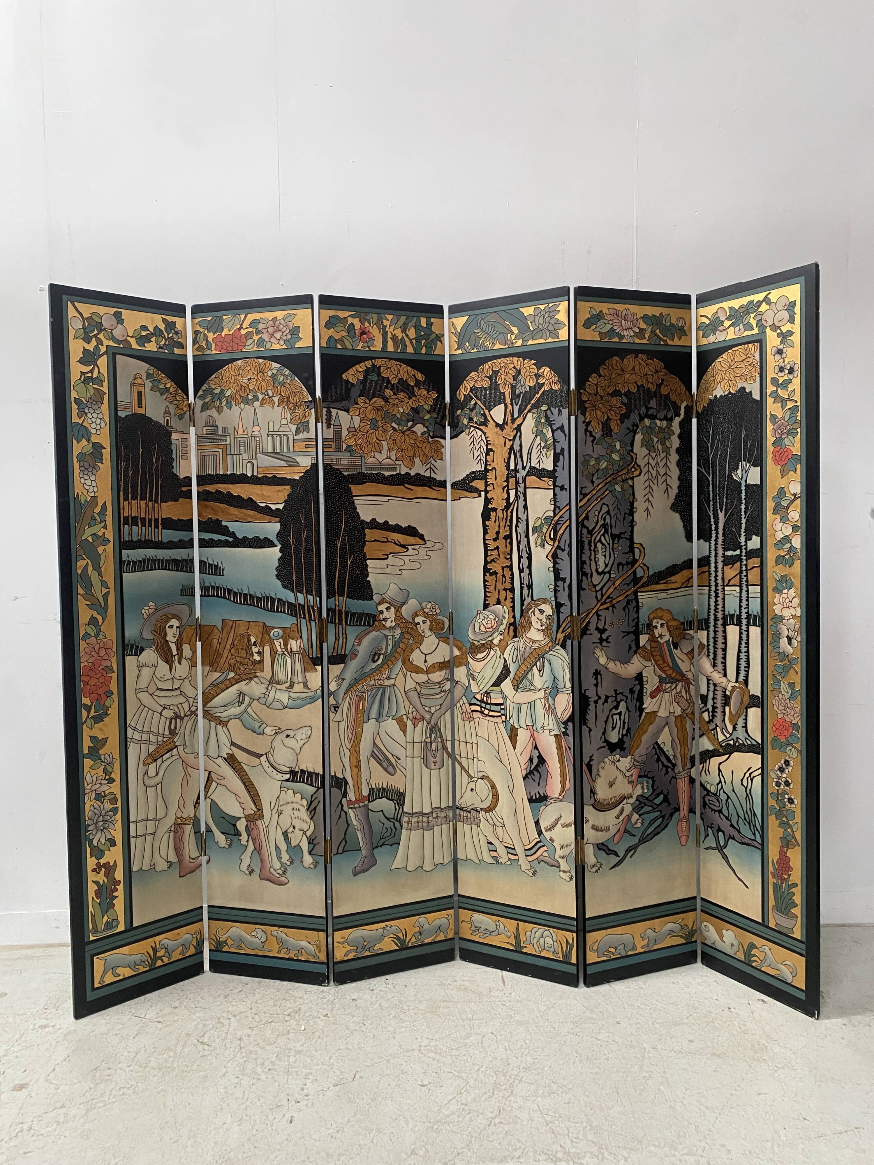 Six-panel painted screen, 20th century