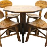 French Modern 3-Legged Chairs & Table in Solid Oak, 1970s