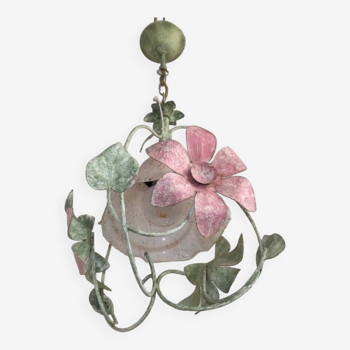French Toleware Ceiling Light In Green & Pink Floral Design Glass Shade 4762